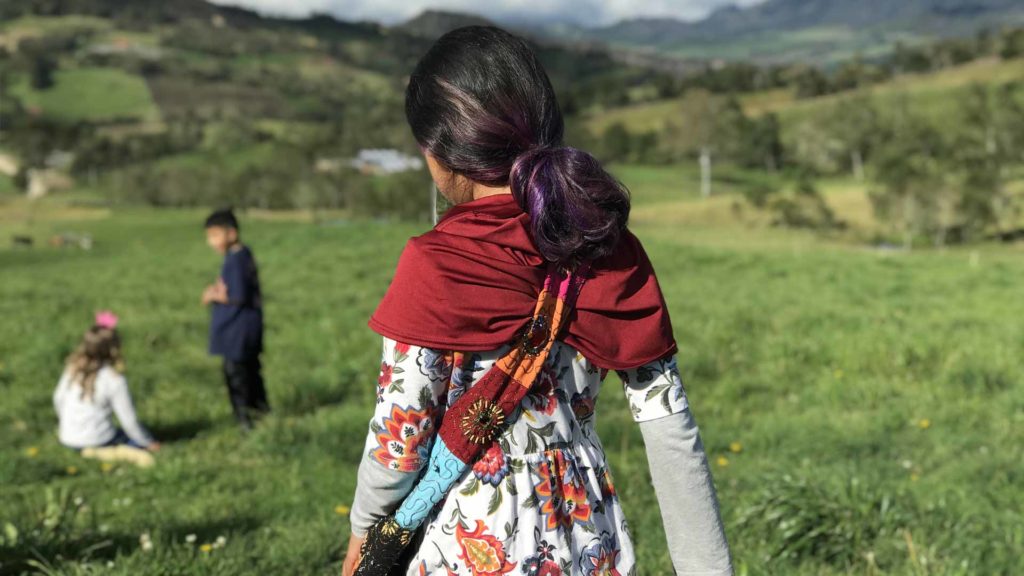 A girl with purple hair stands in a green field wearing a colorful dress and red shawl.