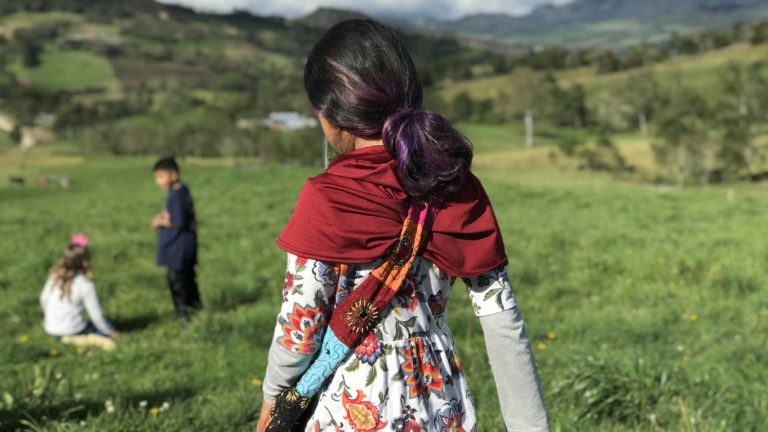 A girl with purple hair stands in a green field wearing a colorful dress and red shawl.