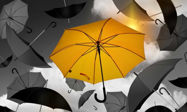A vibrant yellow umbrella stands out among black umbrellas.
