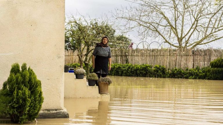 Person standing on a ledge near floodwaters with trees in the background.