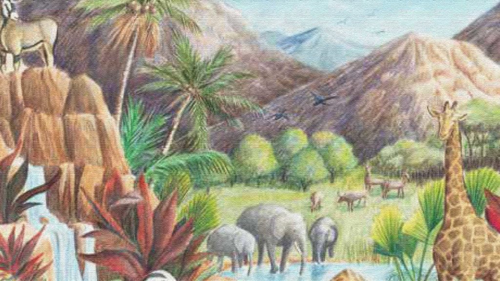 A vibrant landscape with elephants, palm trees, and mountains under a bright sky.