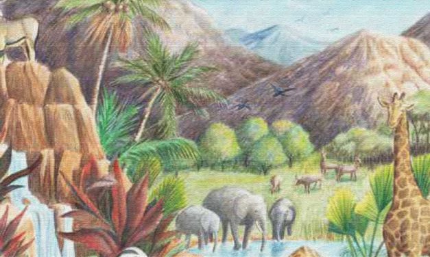 A vibrant landscape with elephants, palm trees, and mountains under a bright sky.