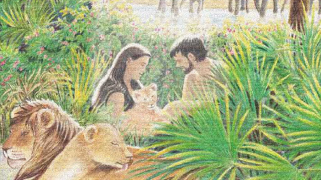 A serene scene of a man and woman with a baby in a lush garden by water.