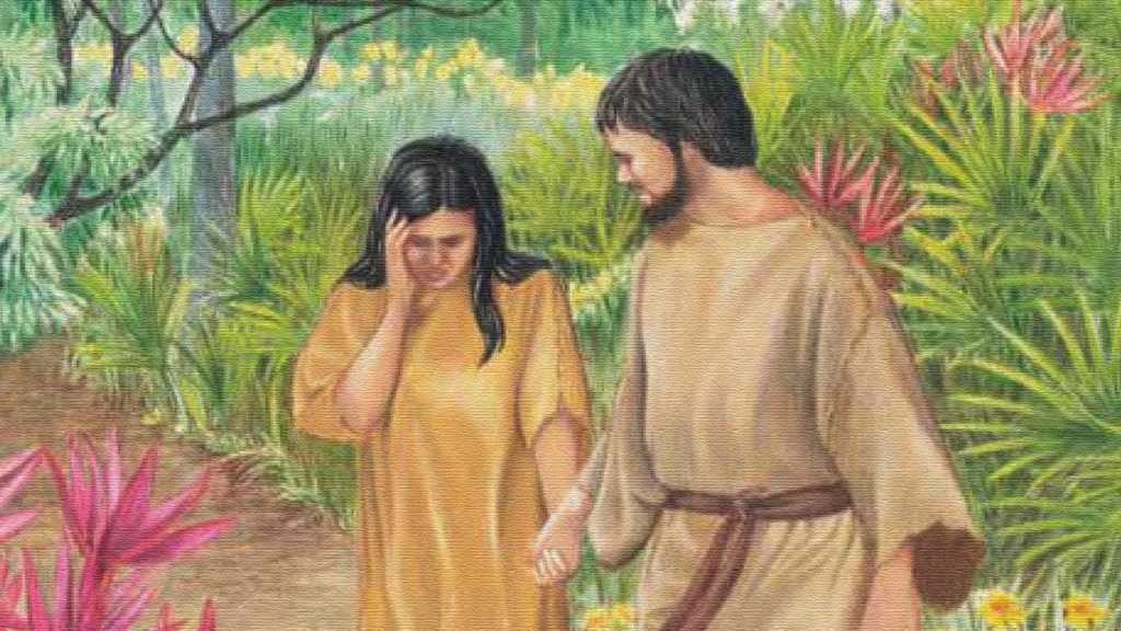 A man and woman walking together, holding hands, in a serene natural setting.