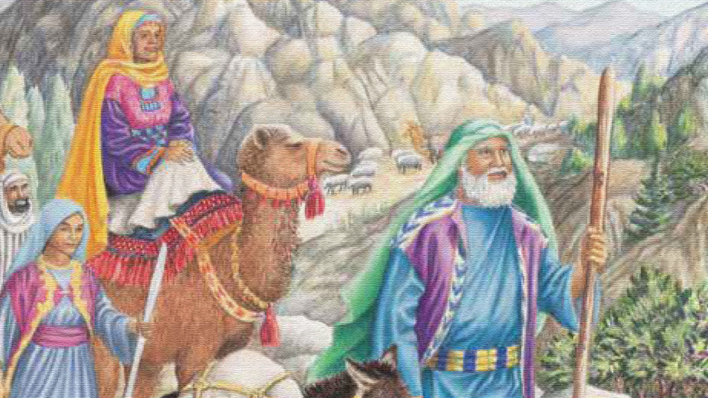 An elderly man with a staff walks alongside a camel in a desert setting.