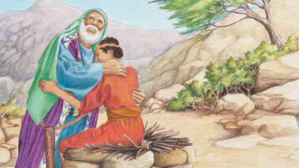 Illustration of a comforting scene between two men, one kneeling and the other standing.