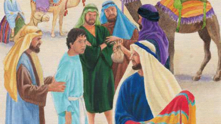 A group of men in biblical attire engaged in conversation.