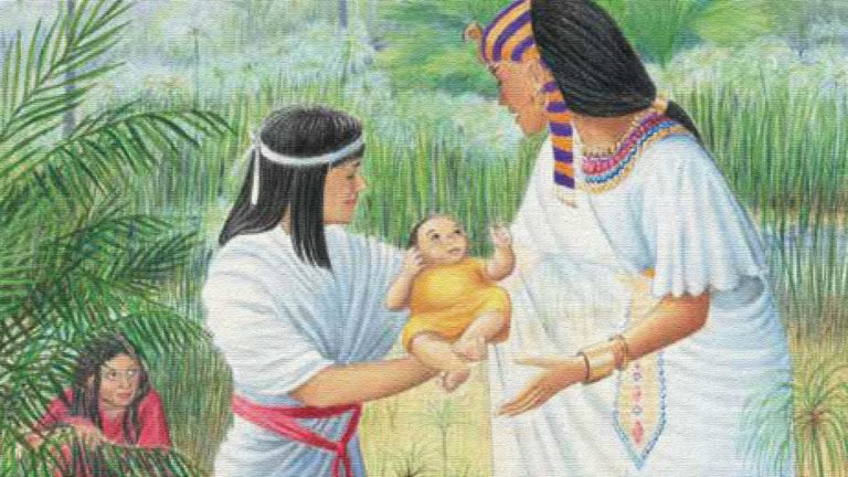 An adult woman hands a swaddled baby to another woman in a traditional setting.