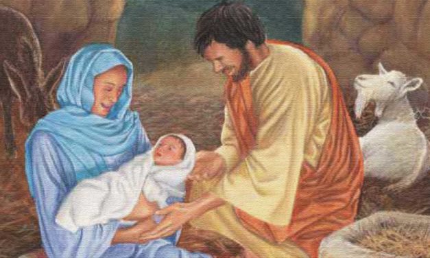 A tender scene of Mary, Joseph, and baby Jesus.