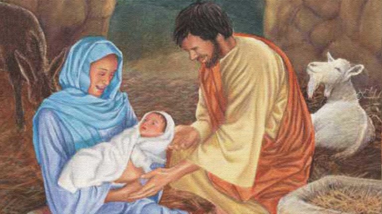 A tender scene of Mary, Joseph, and baby Jesus.