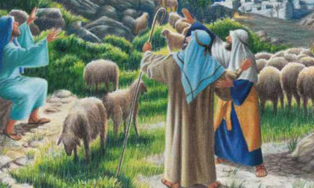 Biblical shepherds tending sheep in a lush landscape.