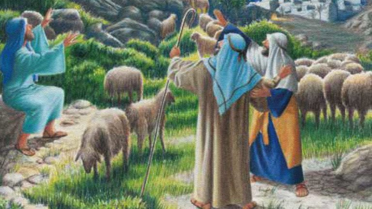 Biblical shepherds tending sheep in a lush landscape.