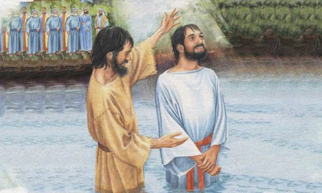A man baptizing another man in a river.