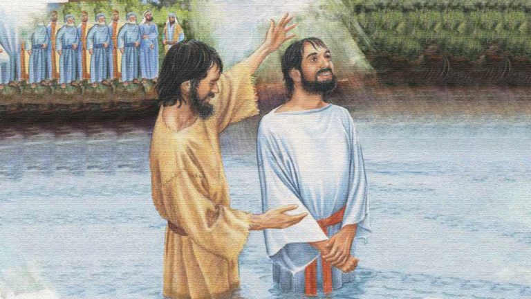 A man baptizing another man in a river.