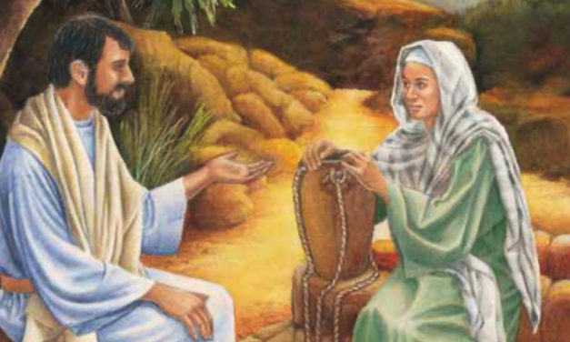 A biblical scene of Jesus talking with a woman at a well.