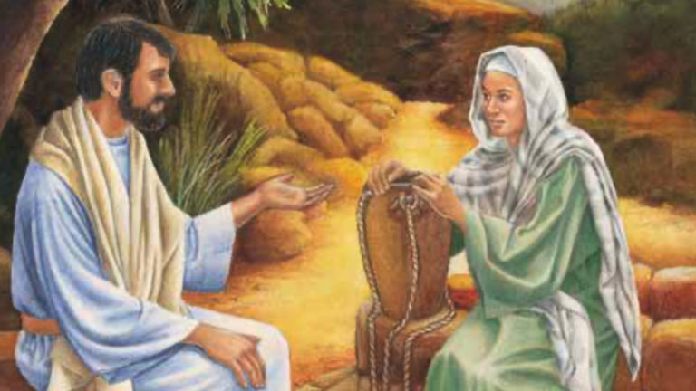 A biblical scene of Jesus talking with a woman at a well.