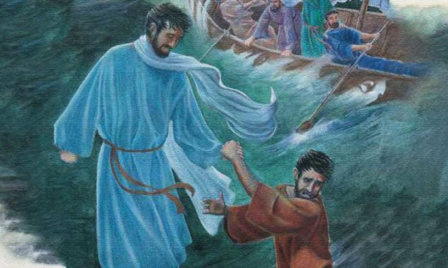 Jesus healing a man by touching his hand in a painted mural.