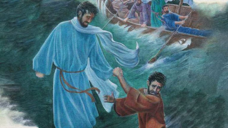 Jesus healing a man by touching his hand in a painted mural.