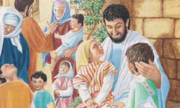 A group of people gathered around a newborn baby, depicting a nativity scene.