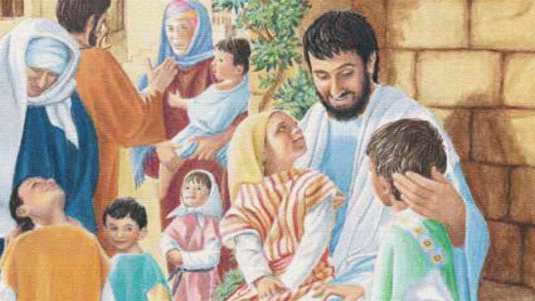 A group of people gathered around a newborn baby, depicting a nativity scene.