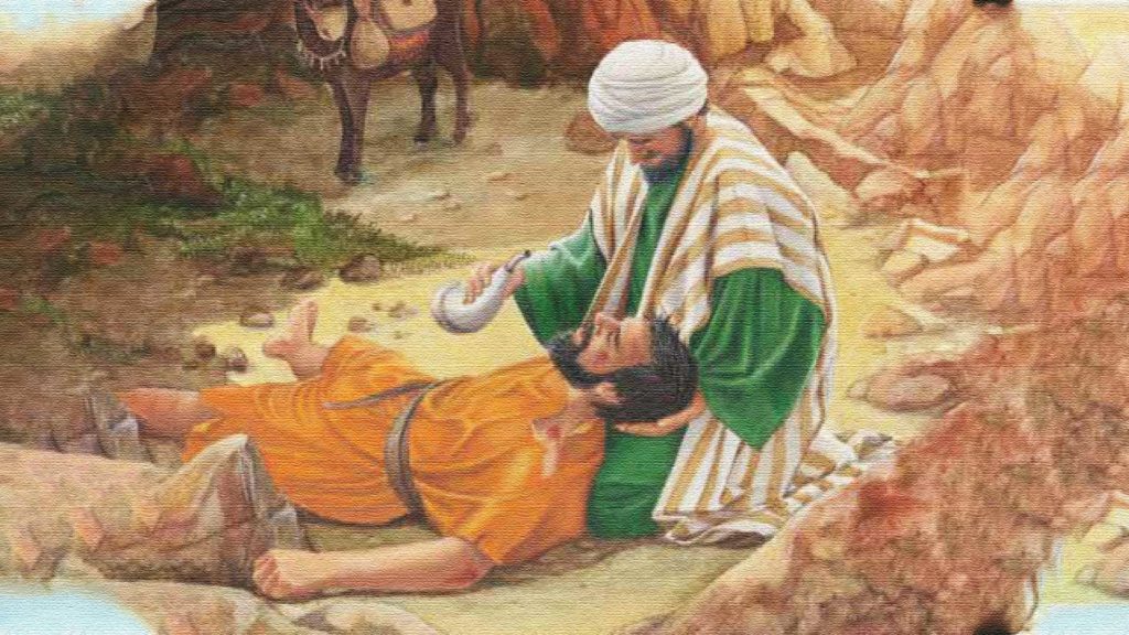 A person dressed in traditional attire tending to a wounded individual lying on the ground.