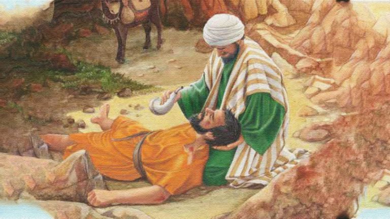 A person dressed in traditional attire tending to a wounded individual lying on the ground.