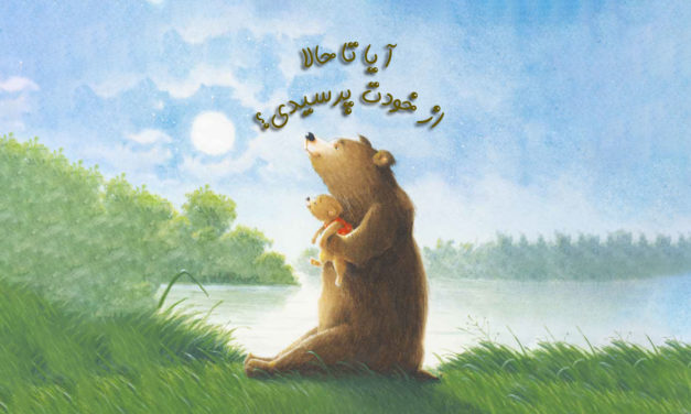 A mother bear hugging her cub by the lakeside under a sunny sky.