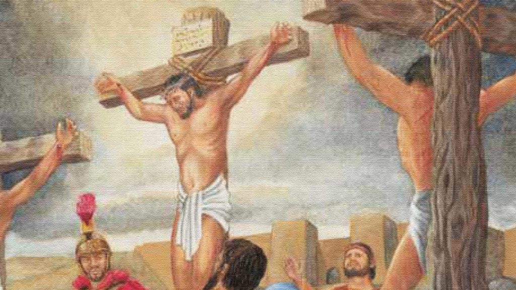 A depiction of the crucifixion of Jesus Christ with Roman soldiers.