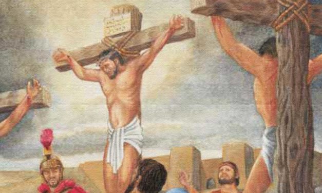 A depiction of the crucifixion of Jesus Christ with Roman soldiers.