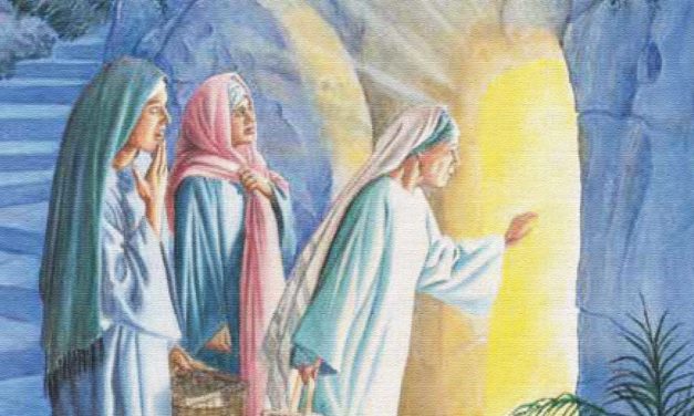 Three figures in robes looking into a bright, glowing entrance.