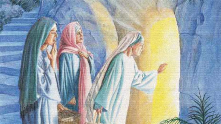 Three figures in robes looking into a bright, glowing entrance.