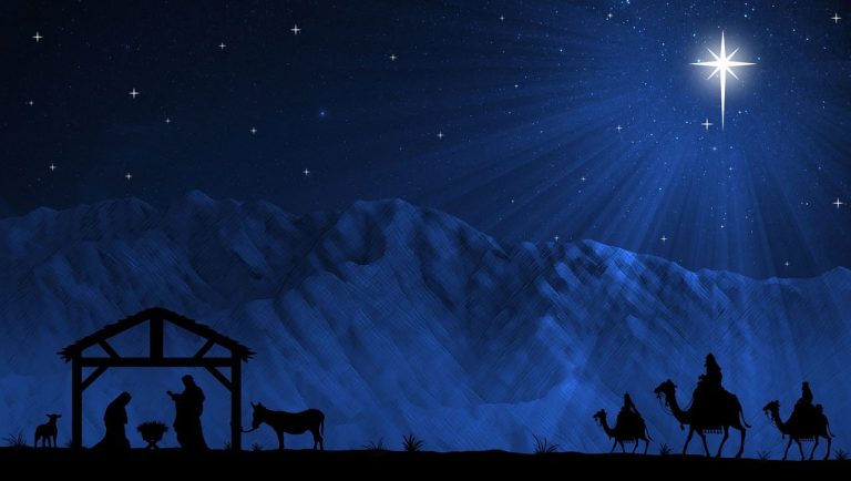 A nighttime desert scene with a starry sky and silhouettes of a camel and a well.